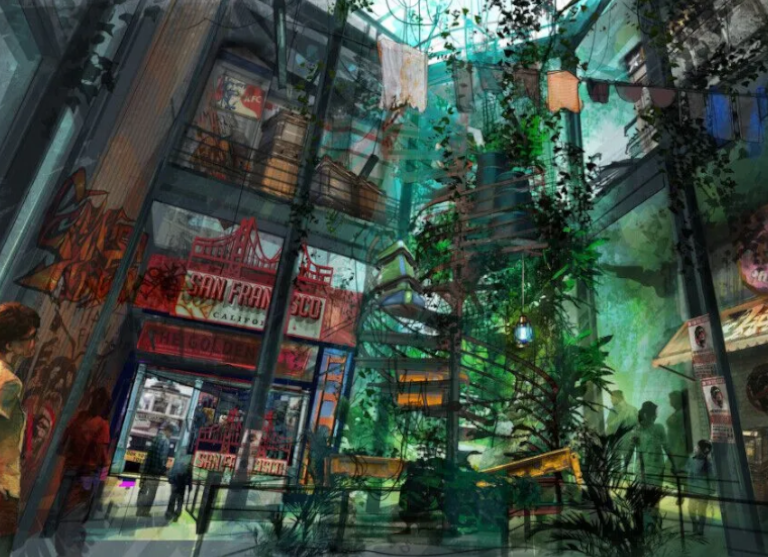 A conceptual rendering of the interior of a decaying mall overgrown with plants.