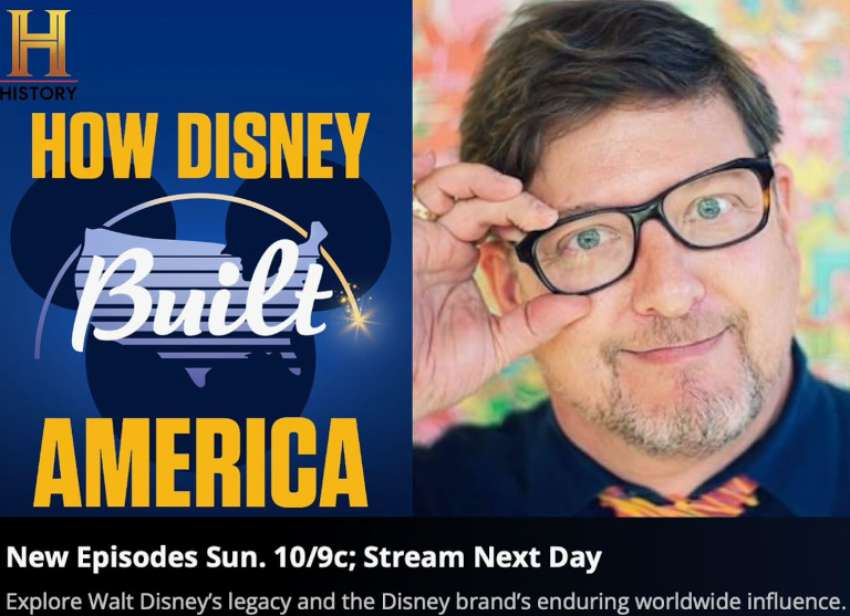 Promotional image for the TV show "How Disney Built America" airing on the History Channel. There is a picture of Adam Bezark next to the show logo.